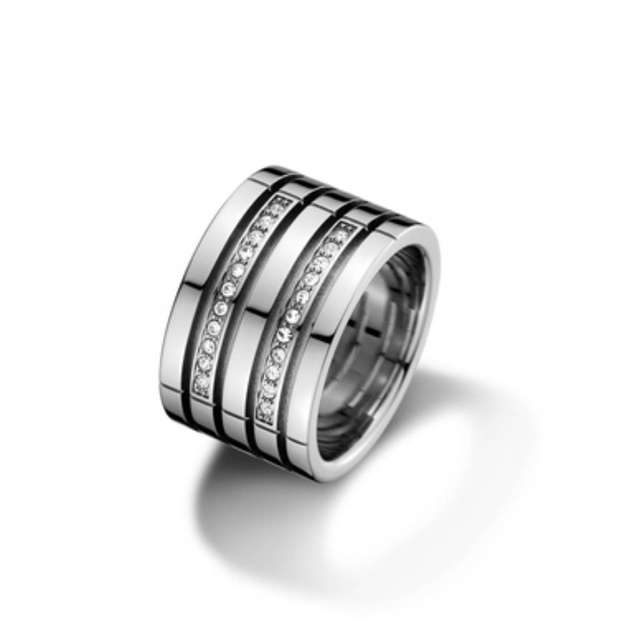 Brede opengewerkte edelstalen ring met zirconia's van Tommy Hilfiger maat 58