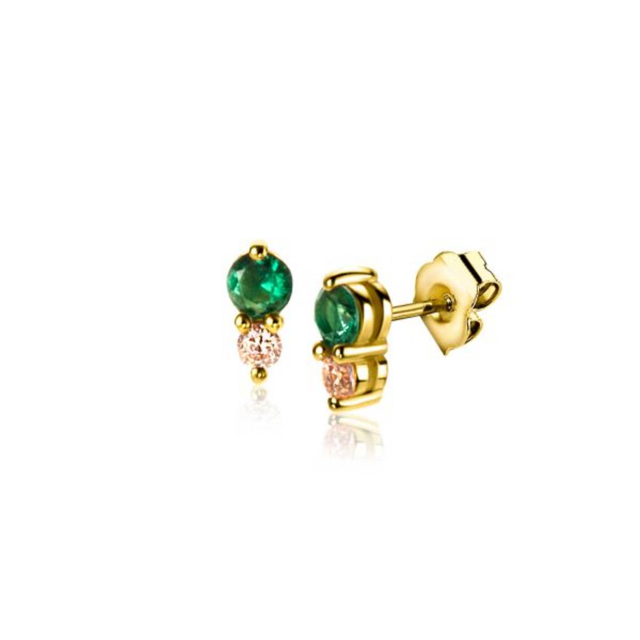 ZINZI gold plated zilveren oorknoppen 6,5mm met twee ronde chatonzettingen. De bovenste grotere zetting is bezet met een mooie diepgroene kleursteen. De kleinere zetting is bezet met een champagne kleursteen. Leuk als tweede of derde oorknopje in je oor. Vervaardigd van eerste gehalte zilver (925) en voorzien van een extra geel vergulding.