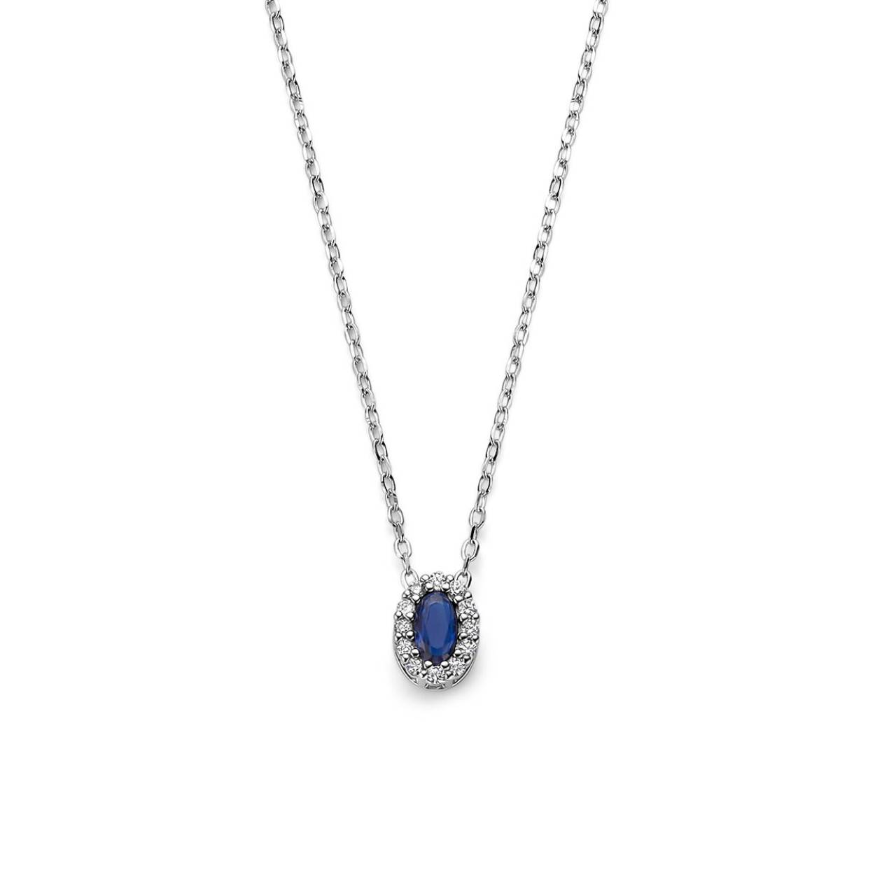 Gerhodineerd 925 zilveren collier uitgevoerd met saffier en zirkonia. Het collier heeft draaglengtes van 41-43-45cm.