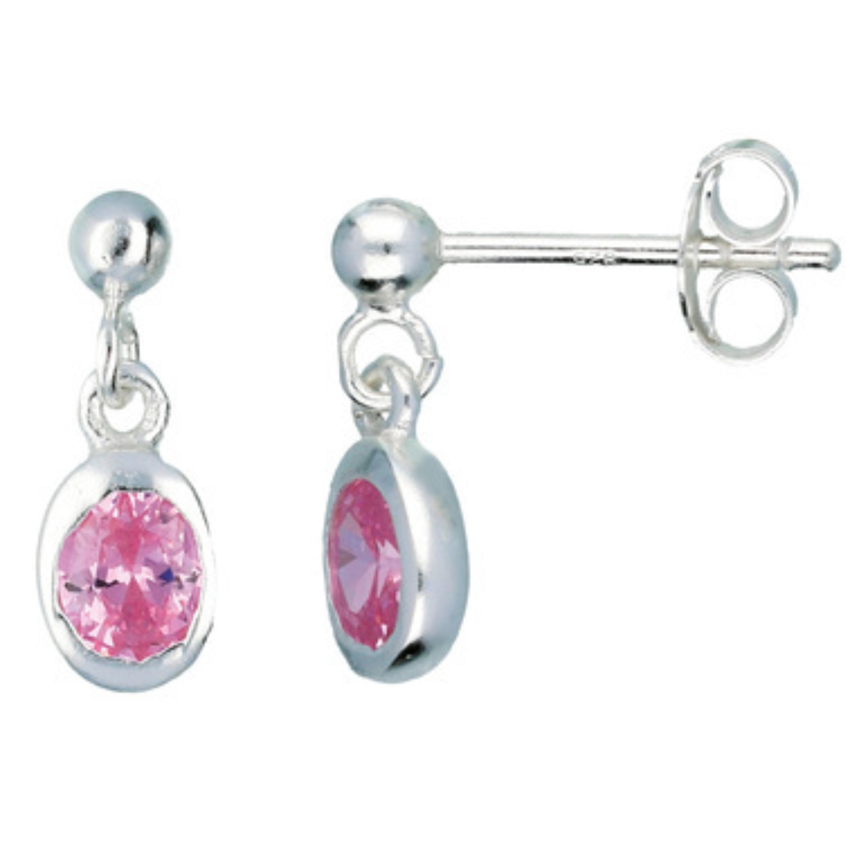 Zilveren fantasie oorknoppen met roze zirkonia.