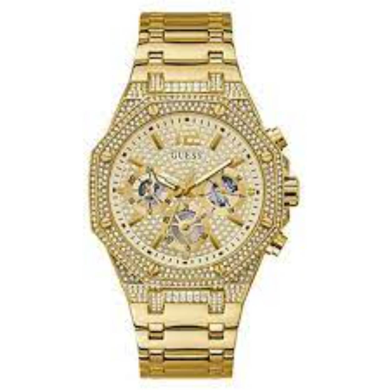 Herenhorloge met gouden wijzerplaat ingelegd met zirkonia's en een goudkleurige edelstalen kast en schakelband.