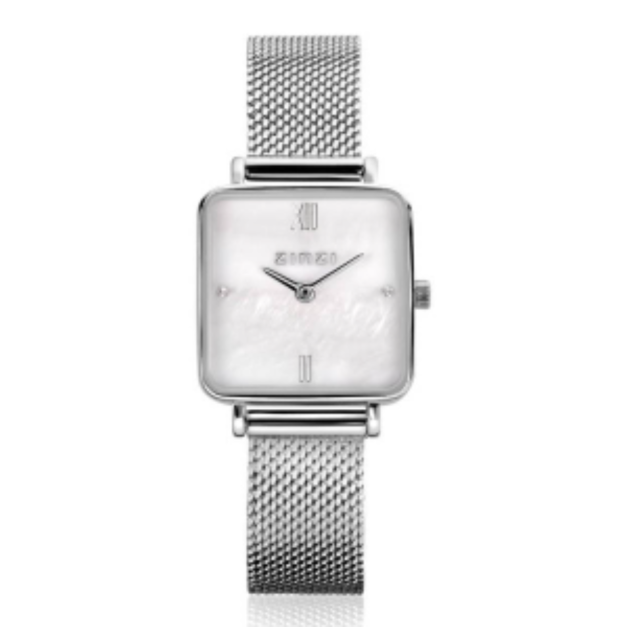 Het ZINZI Square Mini horloge is het kleinste vierkante model van de ZINZI horloges. Met zijn geheel zilverkleurige stalen kast van 22mm en de witte parelmoer wijzerplaat oogt dit horloge elegant op iedere pols. Voorzien van een stalen mesh band (12mm breed). Door het mini-model gemakkelijk aan de pols te dragen met meerdere armbandjes.