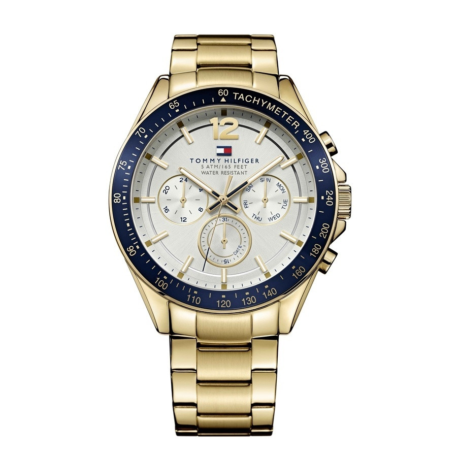 Tommy Hilfiger horloge met stalen band+ kast goudkleurig TH1791121
Met accenten donker blauw en witte wijzerplaat.