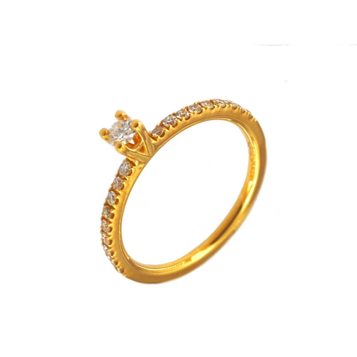 18kt gg verlovingsring met 0.09ct brilj centraal en 0.18ct brilj zijkanten