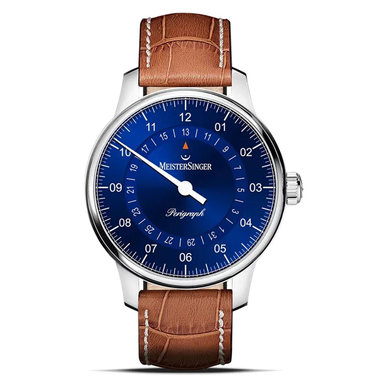 Dit is een automatisch horloge van het merk MeisterSinger uit de collectie Timekeeping Icons.
Het horloge heeft een wijzerplaat in de kleur medium blauw en geel en een band in de kleur geel.