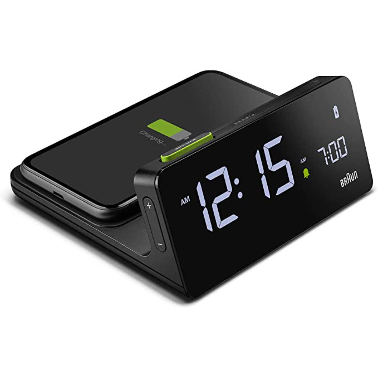 Digitale LCD wekker van het merk Braun
Met laadstation voor smartphone
Crescendo alarm
Touch snooze knop
12/24 uur display
Kleur: zwart
Afmetingen: 14cm x 6,35 cm x 14 cm