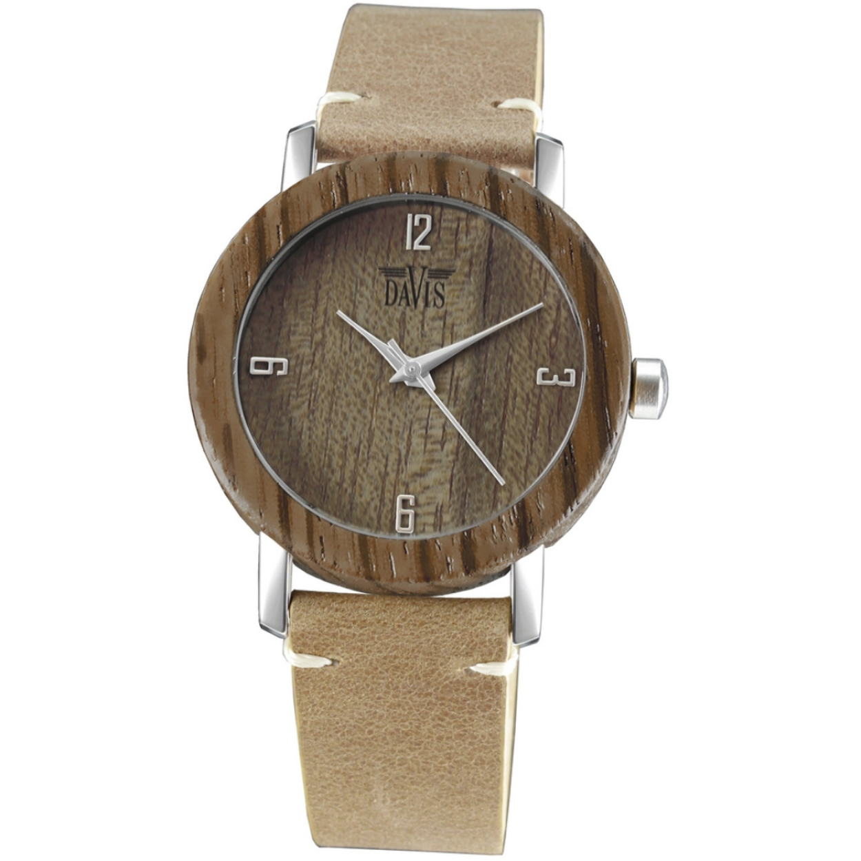 Houten dameshorloge met houten wijzerplaat en taupe leren horlogeband.