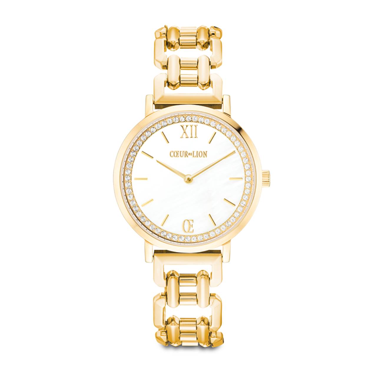 Dit Coeur de Lion horloge heeft een vergulde stalen band en kast. De wijzerplaat is wit parelmoer met goudkleurige indexen en wijzers. Rondom de wijzerplaat zijn glinsterende steentjes geplaatst voor een chique uitstraling