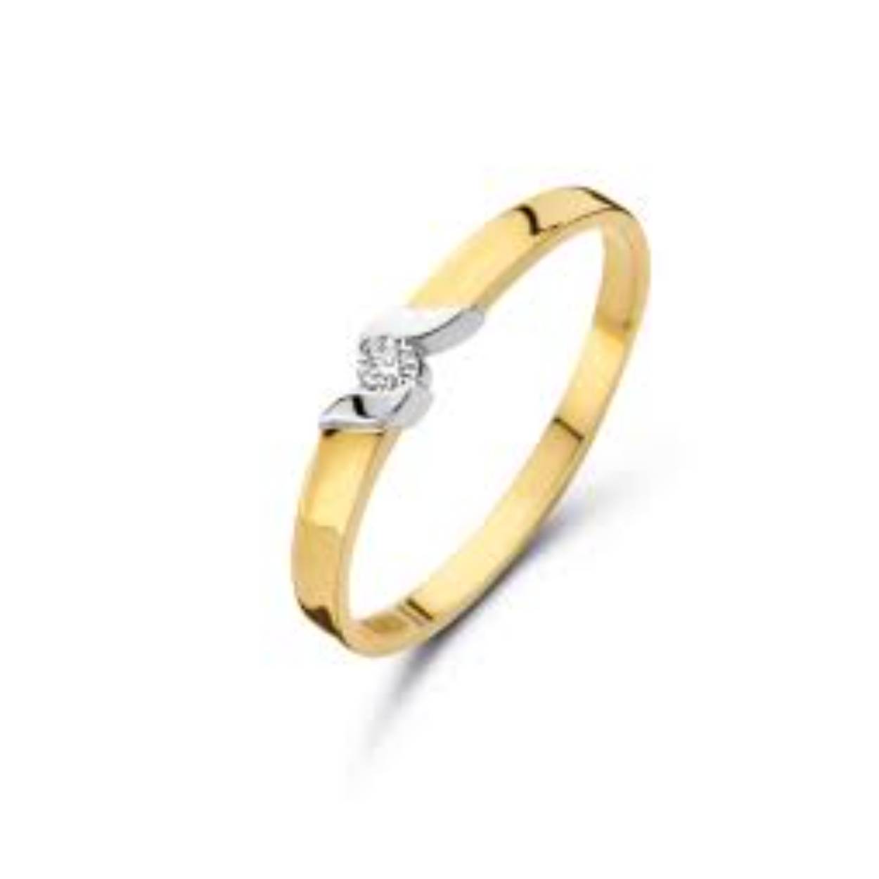 14k Bernstein ring in geelgoud met witgouden zetting met daarin een diamant van 0.030 crt.
