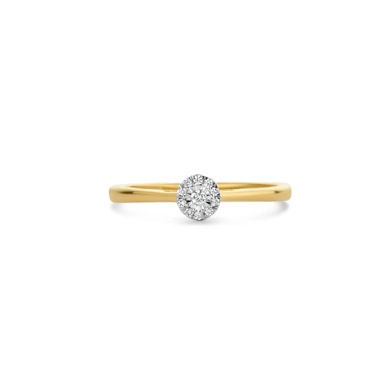 Deze 14k wit- en geelgouden ring sprankelt met briljant geslepen diamanten met een totaal karaatgewicht van 0,07. De band heeft een doorsnee van 1,6 mm. Elegant op zichzelf maar ook prachtig in combinatie met andere ringen uit onze collectie.