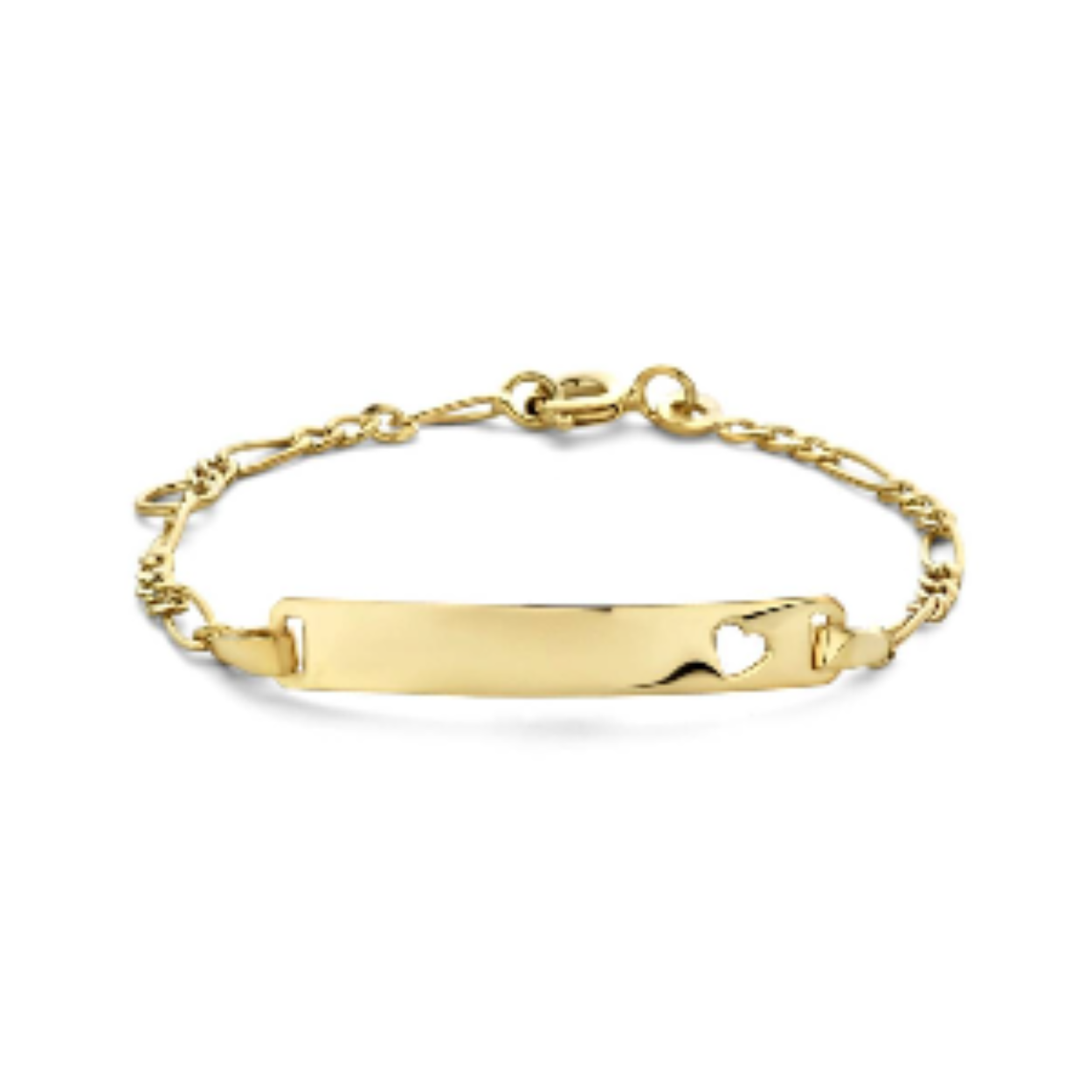 9kt Geelgouden graveerarmband met een schakelbreedte van 2mm. De armband is uitgevoerd met een plaat van 4x25mm, met een een dikte van 0.4mm en een hartje daarin.