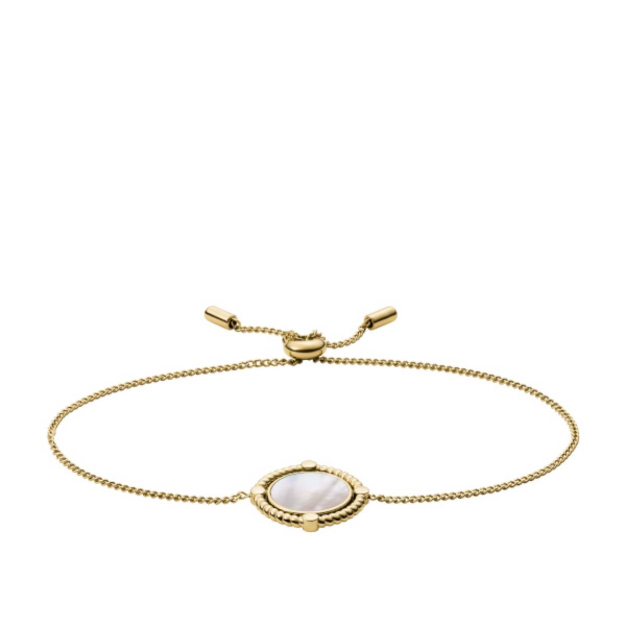 rendy, stalen armband uit de Fossil collectie. De stalen armband vintage iconic met geelgouden plating is voorzien van een schuifsluiting waardoor de armband eenvoudig op lengte is te verstellen. In het midden van de armband is een cirkel vormgegeven welke is afgewerkt met parelmoer.