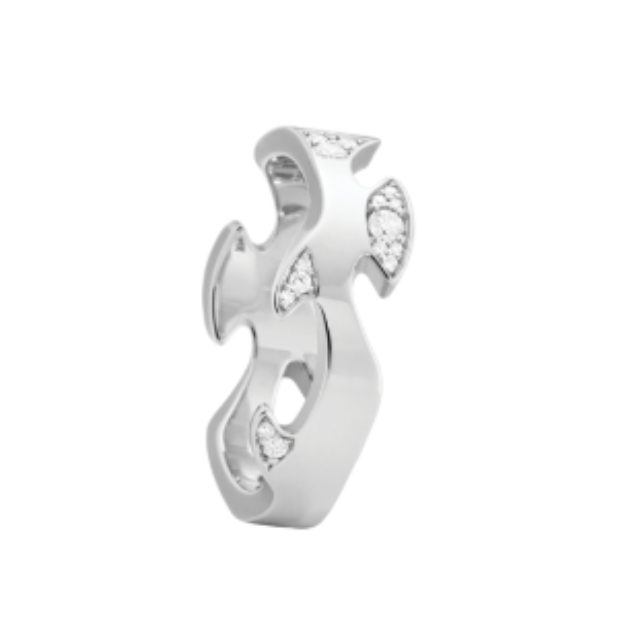 The fluid, organic form of the classic Fusion ring is highlighted by bursts of pavé set brilliant cut diamonds that appear like clouds against the polished background of this 18-karat white gold centre ring.