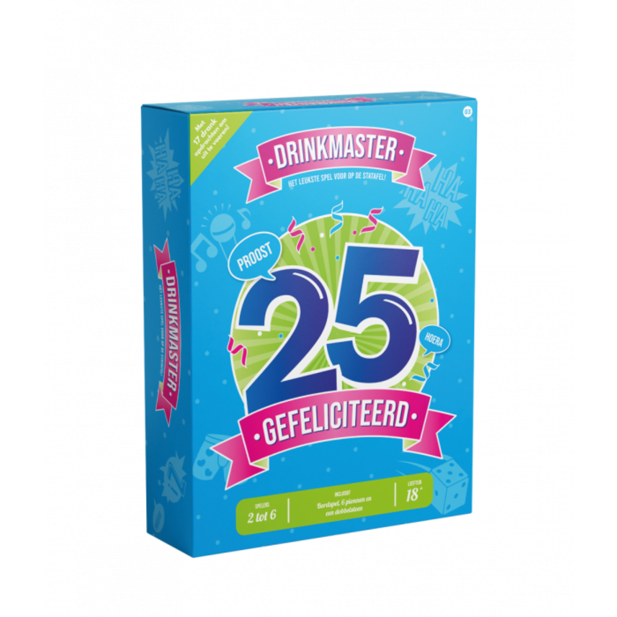 Dit Drinkmaster spel is het ideale spel op het feestje van iemand die zijn of haar 18e verjaardag viert. Leg het Drinkmaster 18 spel op een statafel (of ronde tafel) en je weet zeker dat het een gezellig feestje gaat worden. De dobbelstenen en pionnen zijn inbegrepen en op het speelbord zijn de spelregels en de grappige opdrachten te vinden. Het spel heeft een diameter van 82,5 centimeter. 