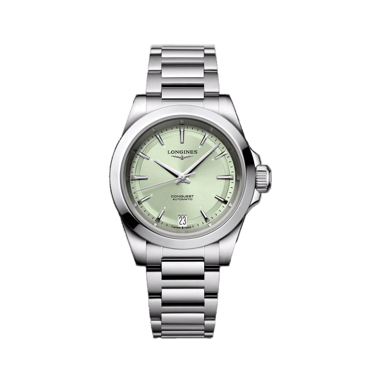 dames polshorloge Longines model Conquest met een zacht groene wijzerplaat en stalen band.
het uurwerk is automatisch