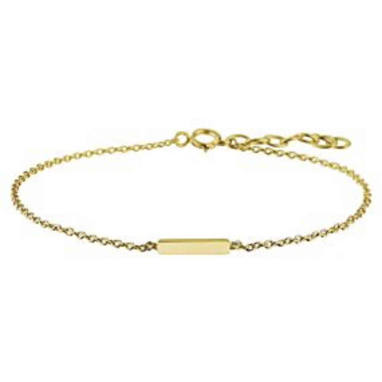 Trendy geelgoud op zilveren armband uitgevoerd met een poli afgewerkt balkje van 2x13mm. De armband heeft een draaglengte van 16cm met een extensie van 2.5cm. De schakelbreedte is 1.2mm. Geen garantie op plating.
