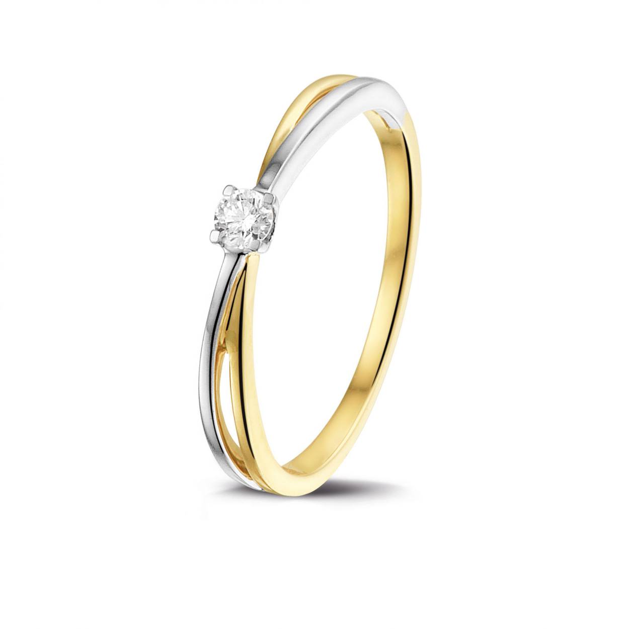 een 14 krt solitair ring crossover band Bicolor met een diamant briljant geslepen 0.09 crt H/SI.