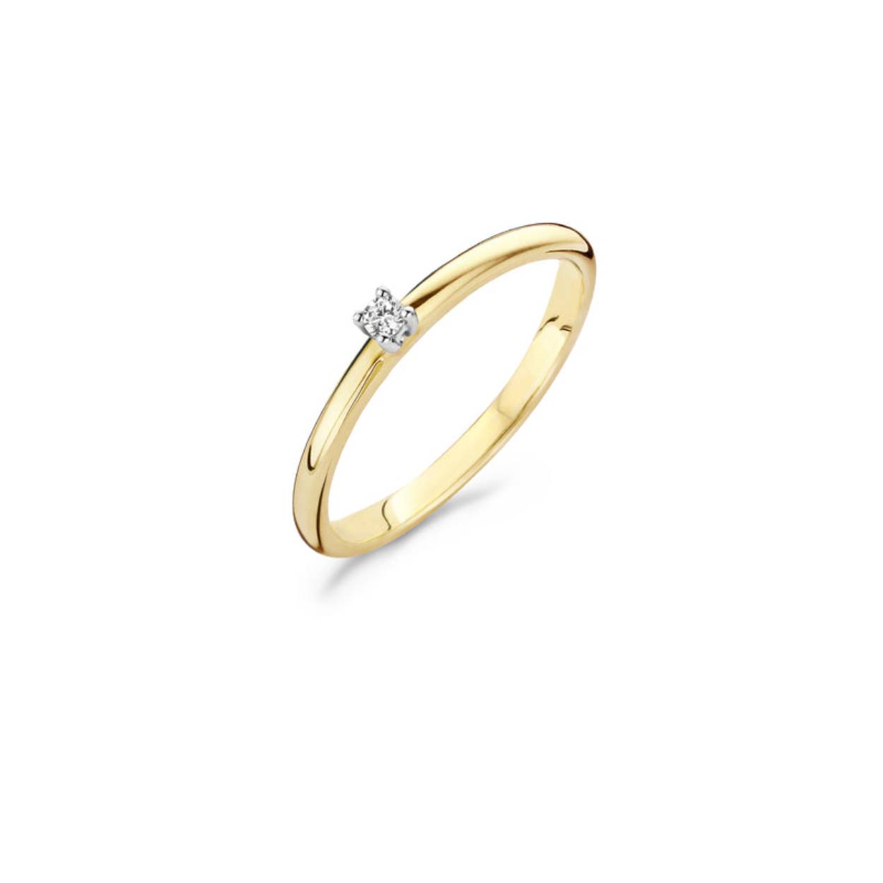 In deze tijdloze 14k geel- en witgouden ring sprankelt een briljant geslepen diamant met een karaatgewicht van 0,03. De band heeft een doorsnee van 1,6 mm. Prachtig als klassieke solitair of in combinatie met andere ringen uit onze collectie.