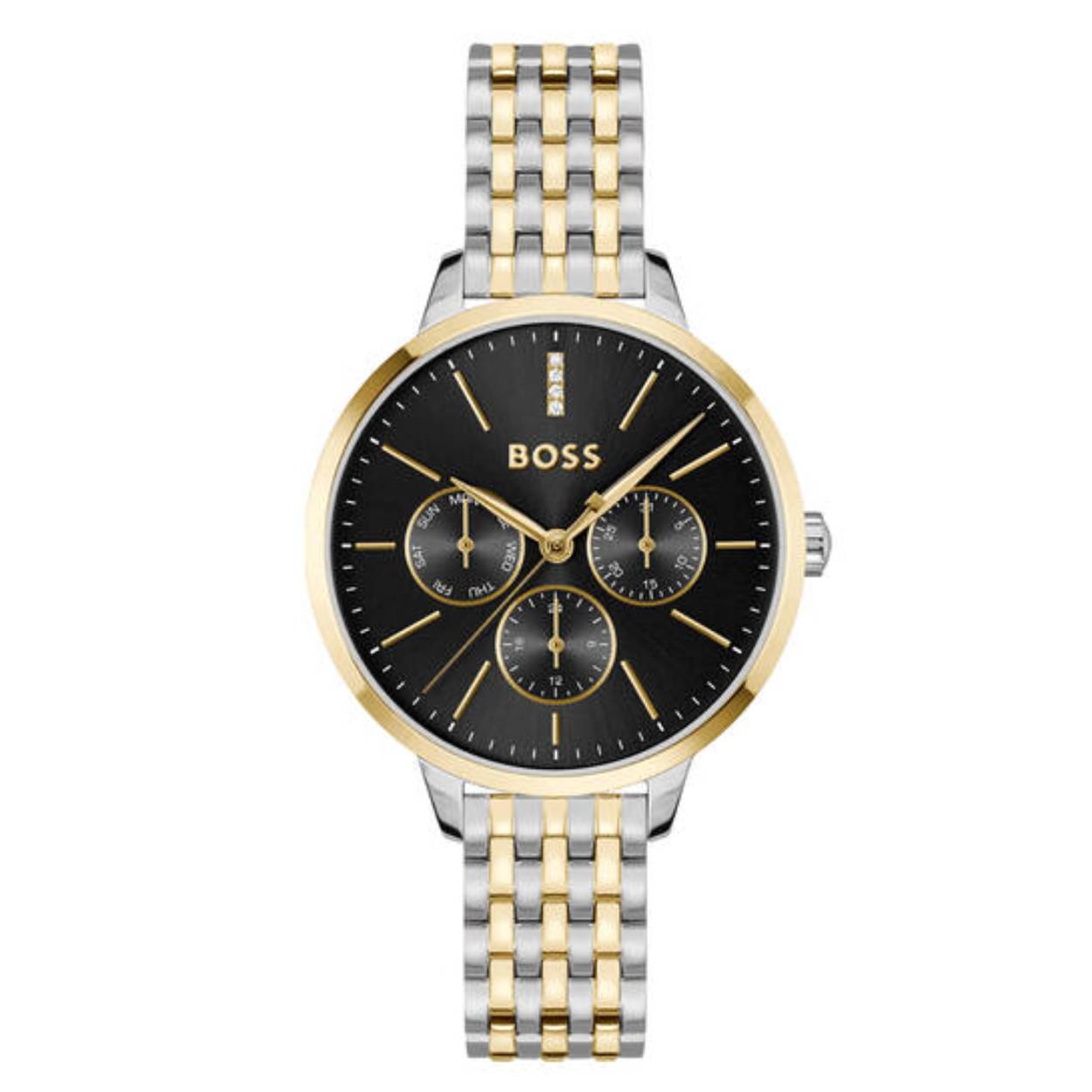 BOSS HB1502783 SYMPHONY Dameshorloge 38mm 
Dit BOSS horloge uit de SYMPHONY serie met artikelnr: HB1502783 heeft een elegante uitstraling. Zeer geschikt voor de moderne stijlvolle vrouw van nu. Het dameshorloge valt op door zijn stalen horlogekast met een gladde goudkleurige bezel en een zwarte sunray wijzerplaat met een dag, datum en 24-uursaanduiding. Opvallend zijn de fijne wijzers, 4 kristallen op de 12 en het strakke BOSS logo. Aan de kast zit een mat glanzende zeer fijne bicolor stalen schakelband zit met een vouwsluiting. Het horloge heeft een doorsnee van 38mm met een mineraalglas en is 3ATM. 

HET MERK:
HUGO BOSS is afgestemd op levensstijlen waar het gaat om kwaliteit en precisie. Het wereldwijde fashionlabel is verdeeld in twee merken: BOSS en HUGO. Het merk BOSS biedt geavanceerde, moderne horloges gericht op kwaliteit en design om een onberispelijke look te creëren – of het nu zakelijk, casual of sportief is. De horloge collectie van BOSS is perfect afgestemd op levensstijlen waar het gaat om kwaliteit en precisie. BOSS is op maat gemaakt in een onberispelijke stijl.

Blijf stijlvol bij de tijd. Voor de BOSS-vrouw is stijl het handelsmerk en draait alles om
details. Breng uw look naar een hoger niveau met onze nieuwe en kenmerkende horlogecollectie.

SPECIFICATIES:
- Mineraalglas
- Ronde kastvorm, Ø 38mm
- Stalen horlogekast
- Zwarte wijzerplaat met kristal
- Stalen schakelband
- 3ATM