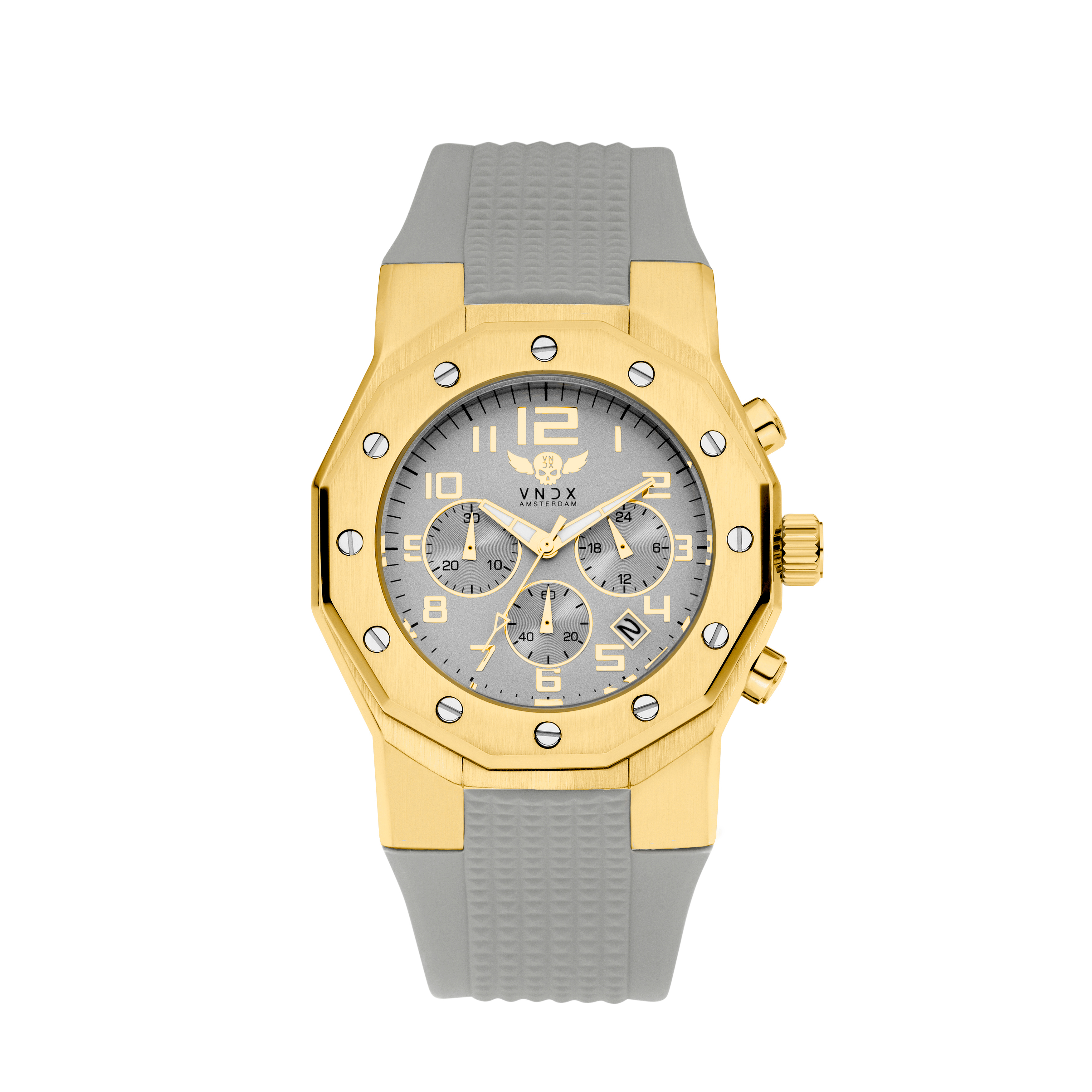 Een stoer horloge voor hem en haar, uitgevoerd met een mat geborstelde goudkleurige stalen kast, gecombineerd met de flexibele en comfortabele goud siliconen band.

Voorzien van een multifunctionele chronograaf en datumaanduiding, 

Ibiza Rebel; een uniek en stoer horloge voor jezelf, of om cadeau te doen. 

VNDX Amsterdam. Never too late!