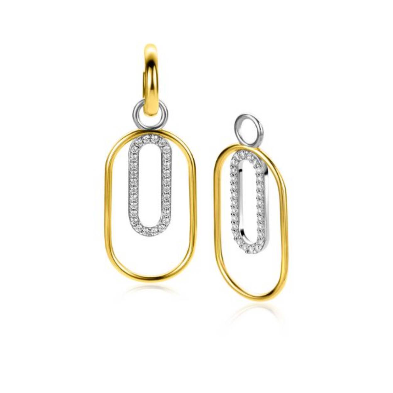 ZINZI gold plated zilveren ovale oorbedels 32mm met binnen in een kleinere ovale hanger, bezet met witte zirconia's. Prachtige luxe oorbedels om feestelijk aan je oorringen te dragen. Vervaardigd van eerste gehalte zilver (925) en voorzien van een extra 14K geel vergulding