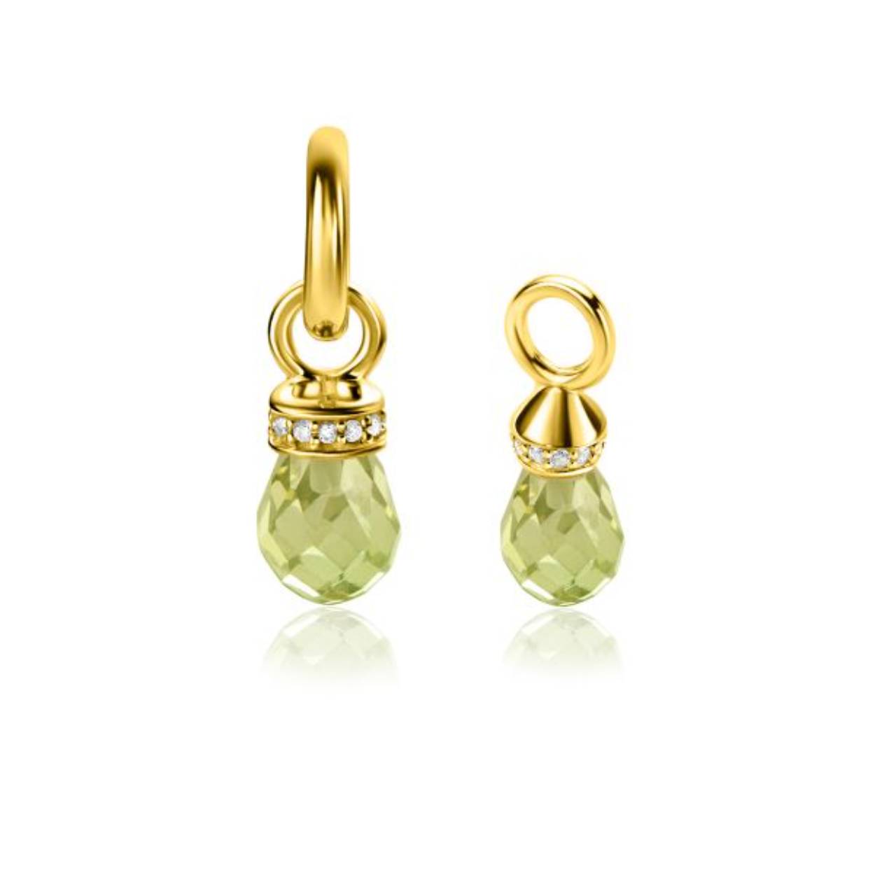17mm ZINZI gold plated zilveren oorbedels in peervorm groen peridot en witte zirconia's ZICH2429 (zonder oorringen)