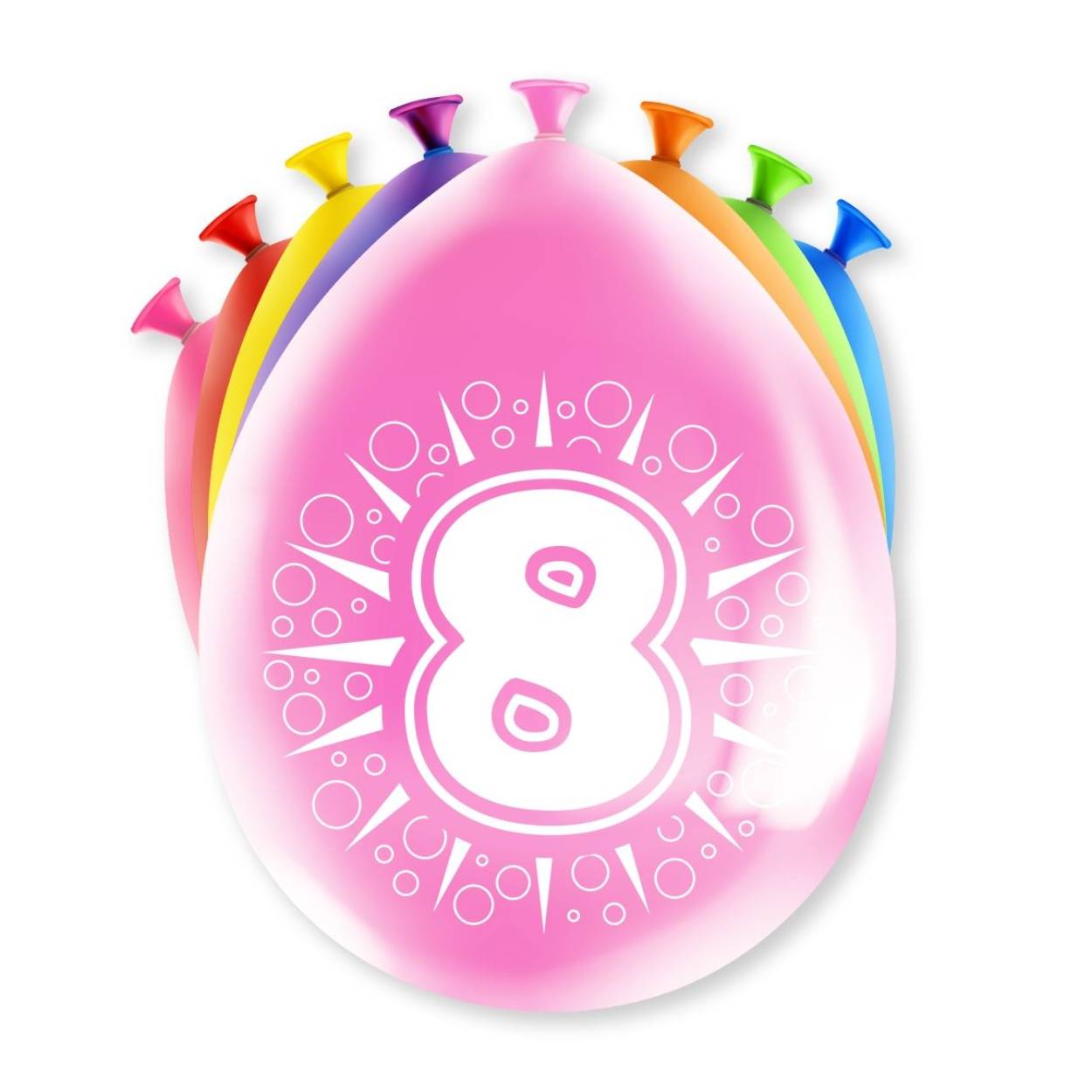 Een feestje kan niet zonder ballonnen en als u party ballonnen met 8 jaar koopt dan krijgt u deze in maar liefst 8 verschillende kleuren! De ballonnen zijn gemaakt van latex en zijn ongeveer 30 bij 30 centimeter groot.