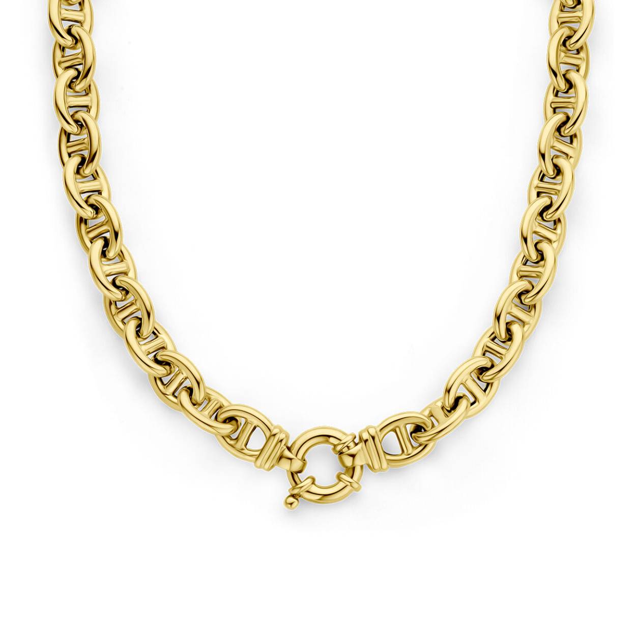 14k Geelgouden collier. Het collier heeft een draaglengte 45 cm. De schakelbreedte is 10mm. Uitgevoerd met een groot veerslot.