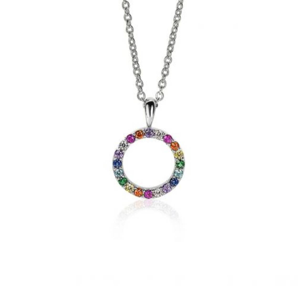 ZINZI zilveren hanger 12mm in ronde vorm bezet met een regenboog aan kleurstenen. Deze subtiele maar schitterende hanger geeft elke outfit kleur! Combineer met een ketting naar wens. De hanger is exclusief ketting geprijsd. Vervaardigd van eerste gehalte zilver (925) en extra rodium laag voor een witgouden uitstraling.