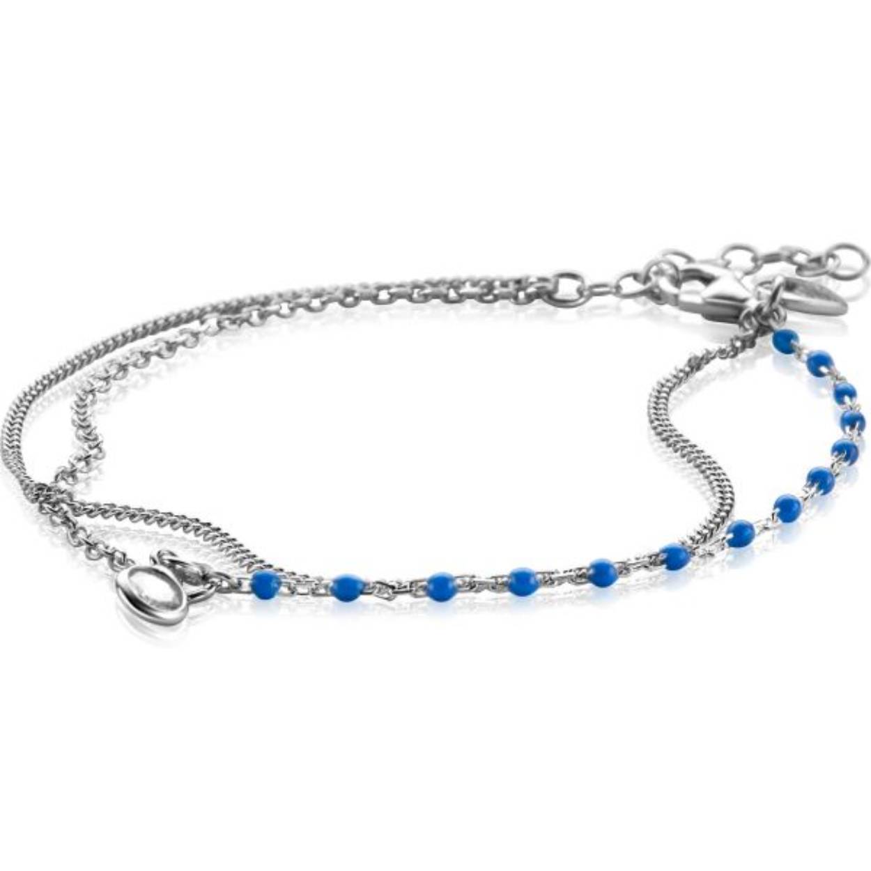 zinzi zilveren dubbele armband met gourmetschakels en blauwe bolletjes