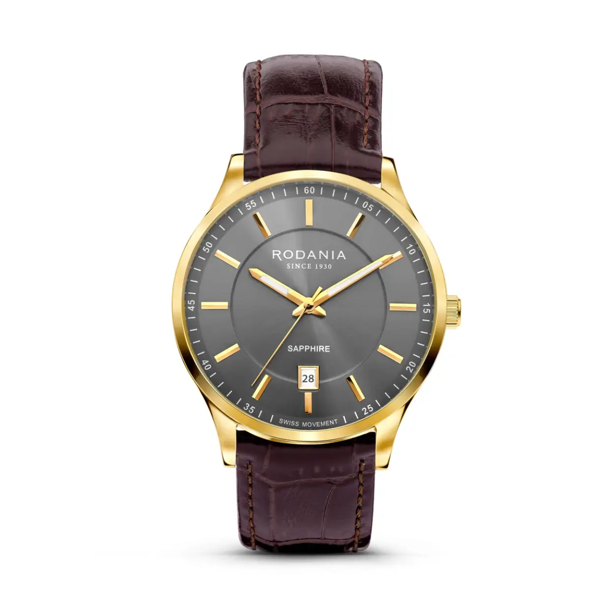 Goudkleurig herenhorloge met donkergrijze wijzerplaat en bruine croco leren band. Met Saffierglas