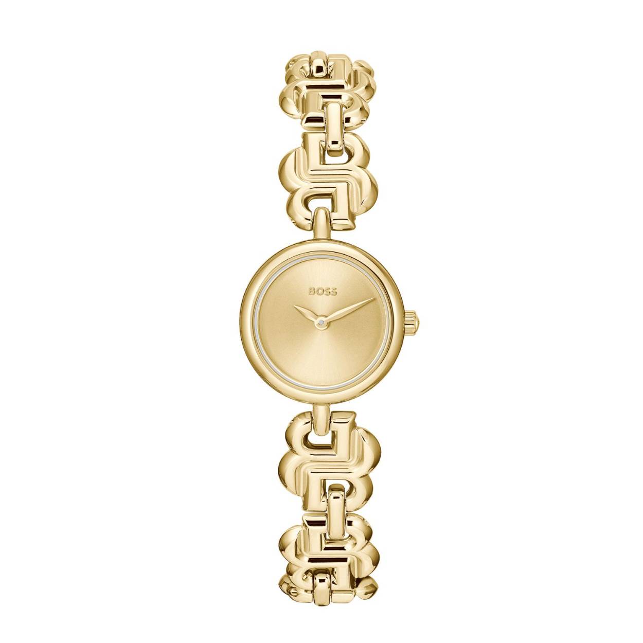 Dit dameshorloge van BOSS, de Double B Dressy, is uitgerust met een quartz uurwerk. De goudkleurige wijzerplaat is afgedekt met hoogwaardig mineraalglas. De horlogekast, met een diameter van 23 mm, en de 2 mm brede horlogeband zijn beide vervaardigd uit roestvrij staal. Een elegant accessoire dat je look compleet maakt!