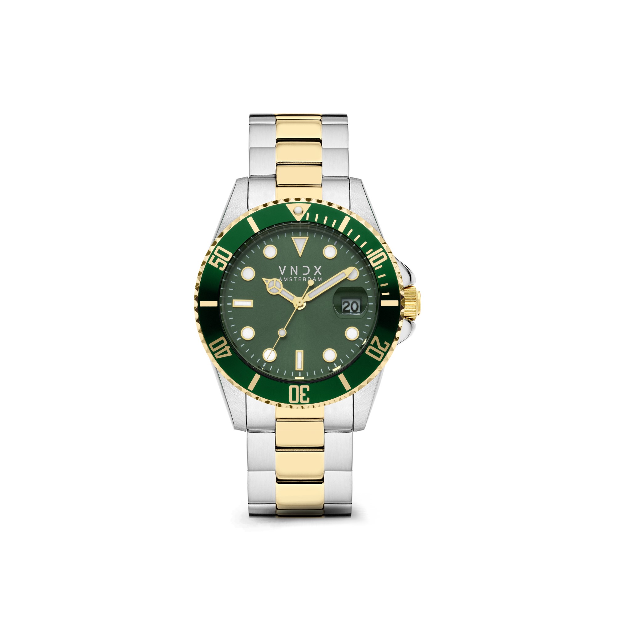 De Amsterdam Luxury, zijn klassieke luxueuze uitstraling verzorgt de klasse van je outfit. Zijn kast met een diameter van 42 mm, is de perfecte afmeting voor een gemiddelde mannenpols. Door de losse schakelband is het eenvoudig, het horloge perfect af te stellen op jouw pols.

De Amsterdam Luxury is voorzien van een klassieke wijzerplaat met datum aanduiding. Hierdoor hoef jij geen enkele afspraak, date of feestje meer te missen. Ook is de Amsterdam Luxury voorzien van een draaibare lunette, zo kun je meer controle nemen over je eigen tijd.

Kom jij tot leven in het bruisende nachtleven van Amsterdam?! Ook dan is de Amsterdam Luxury er voor je om te zorgen dat je nooit te laat bent. Je Amsterdam Luxury is voorzien van lichtgevende wijzers, die zorgen voor een “Glow in de dark” effect wanneer je losgaat in de Amsterdamse clubs.

Zo zorgt VNDX er met je Amsterdam Luxury voor dat je Never Too Late bent!