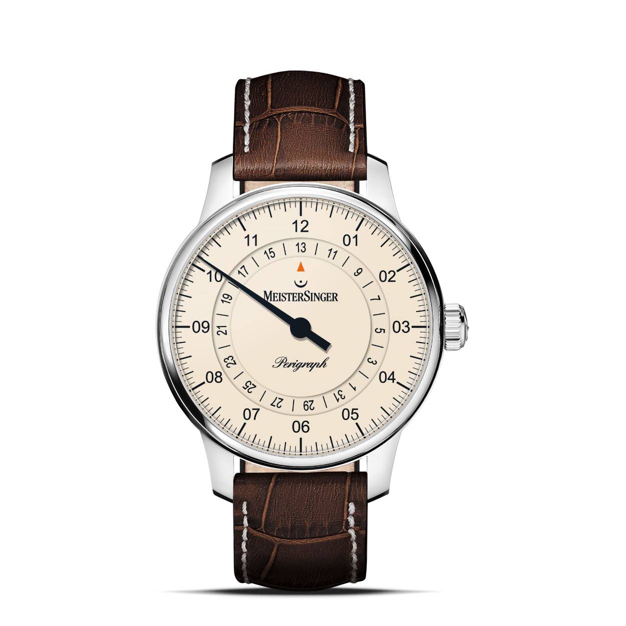 Dit is een automatisch horloge van het merk MeisterSinger uit de collectie Timekeeping Icons.
Het horloge heeft een wijzerplaat in de kleur ivoor en een band in de kleur bruin.