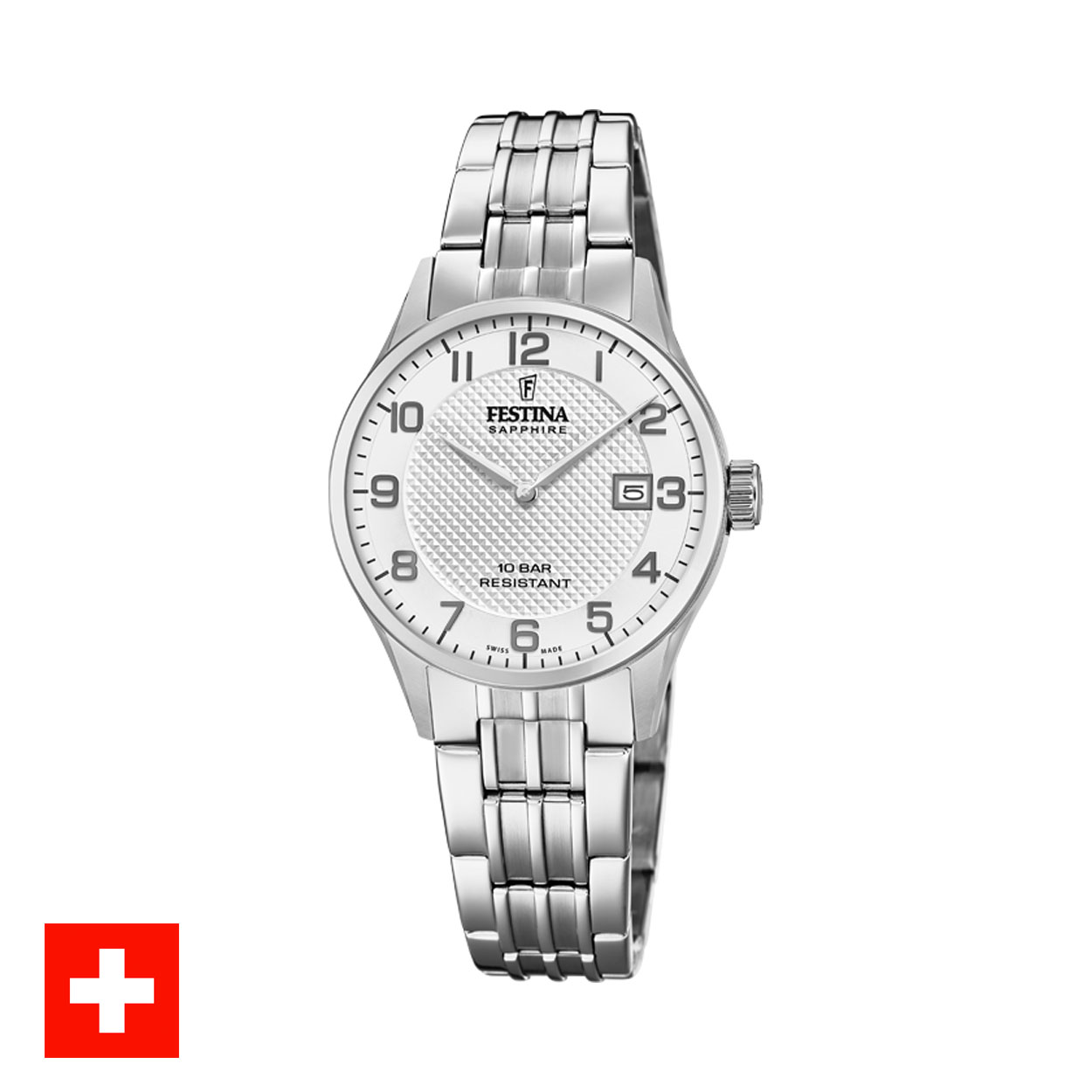 Dames uurwerk in staal met metaalband. De wijzerplaat is grijs met arabische cijfers.