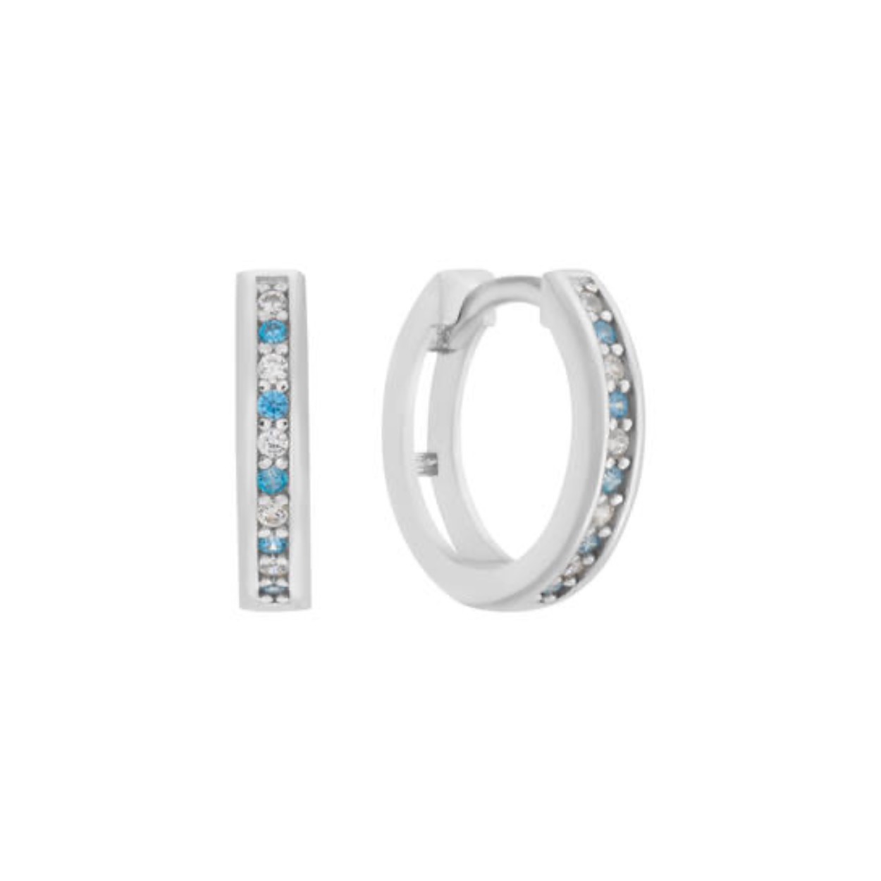 Zilveren oorringen met klapsluiting met blauw en witte  zirkonia