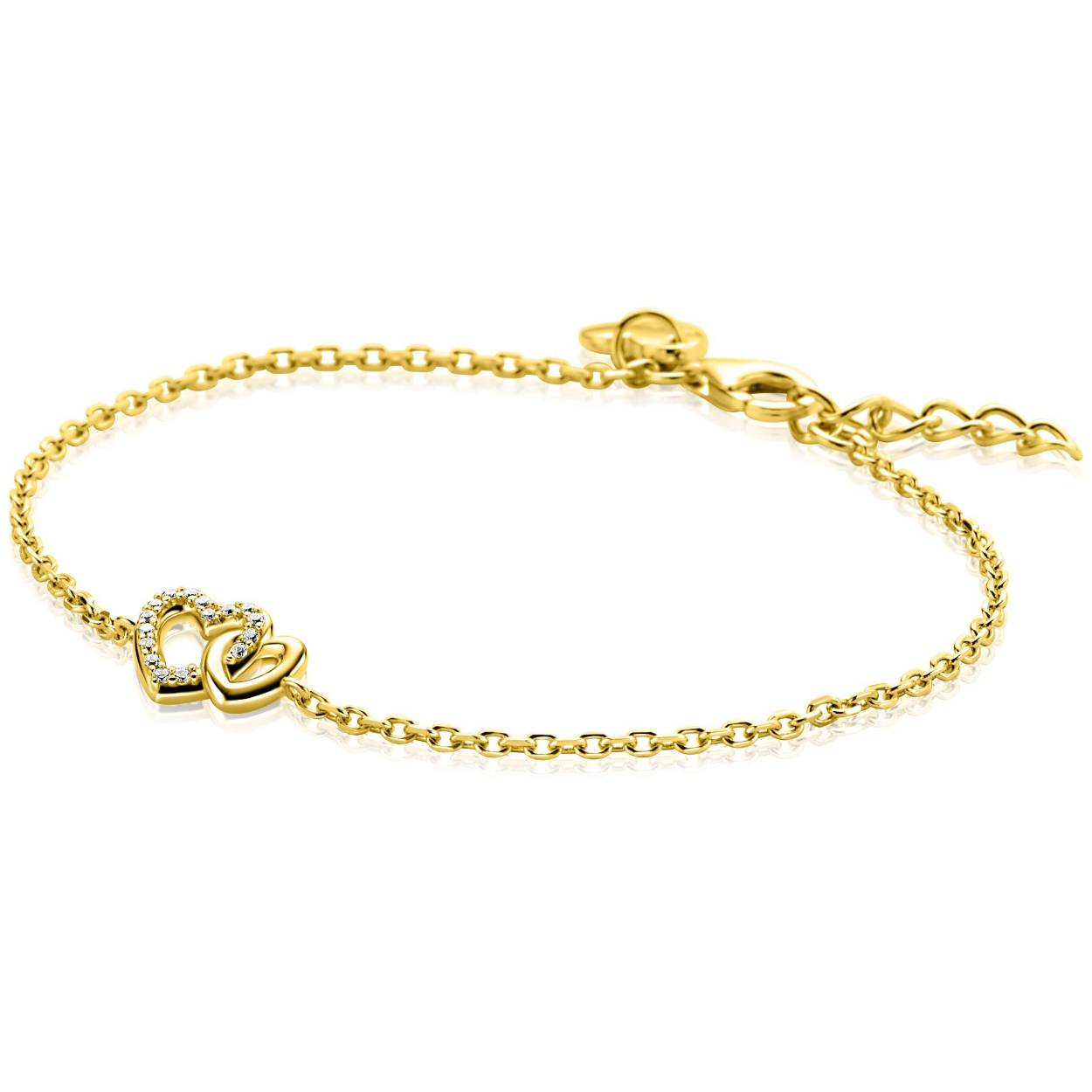 ZINZI gold plated zilveren armband met twee verbonden hartjes, waarvan één schitterend bezet is met witte zirkonia's. De lengte is verstelbaar van 17cm tot 19cm. Vervaardigd van eerste gehalte zilver (925) en extra geel verguld.
