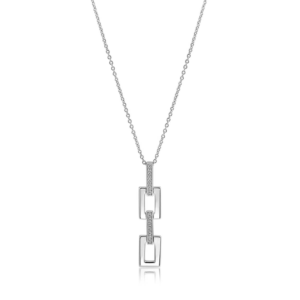 ZINZI zilveren ketting 45cm met strakke rechthoekige hanger (39mm), bezet met witte zirkonia's. De lengte van de ketting is te variëren tussen 42 en 45cm. Exclusief ontworpen door mode-ontwerper Mart Visser. De ketting draagt herkenbaar de signatuur van Mart Visser. Vervaardigd van eerste gehalte zilver (925) en met extra rodiumlaag voor een langdurige glans.