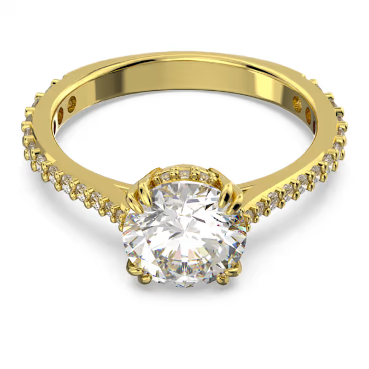 Deze schitterende cocktailring bewijst dat eenvoud krachtig kan zijn en mag niet in uw collectie ontbreken. De vakkundig vervaardigde steen met princess-slijpvorm in het midden is voorzien van elegant pavé op de rijen en langs de band met goudkleurige toplaag. Draag afzonderlijk en laat uw look stralen.
