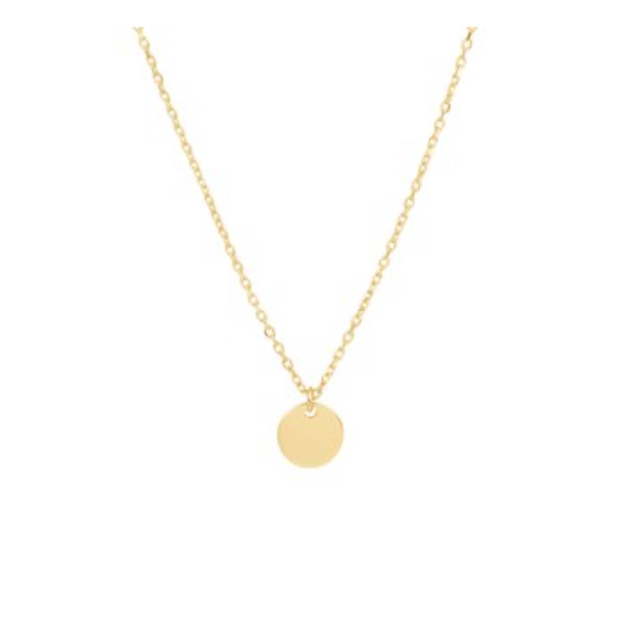 14 Karaat dun gouden anker schakel collier met een rond glad plaatje eraan te dragen op 41 en 44 cm.