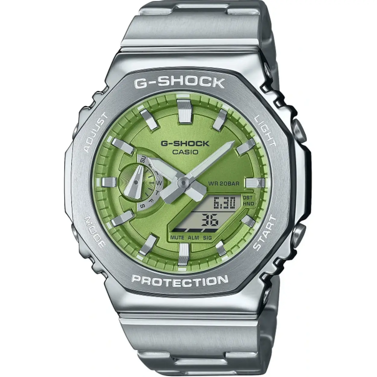 Op zoek naar een stoer en robuust horloge dat ook nog eens perfect is voor duikers? Dan is de CASIO G-SHOCK GM-2110D-3AER het perfecte horloge voor jou! Dit horloge heeft een analoge tijdaanduiding en een quartz uurwerk, wat zorgt voor een nauwkeurige en betrouwbare tijdmeting.

Met een diameter van 44 mm en een hoogte van 12 mm heeft dit horloge een stoere en opvallende uitstraling. De ronde zilverkleurige behuizing is gemaakt van roestvrij staal, wat zorgt voor duurzaamheid en stevigheid. De groene wijzerplaat en het mineraalglas geven het horloge een unieke en trendy uitstraling.

De zilverkleurige roestvrijstalen band is niet alleen stijlvol, maar ook zeer comfortabel om te dragen. De vlinder- of vouwsluiting zorgt ervoor dat het horloge goed op zijn plek blijft zitten, zelfs tijdens de meest intense duiksessies.

Dankzij de datumweergave vergeet je nooit meer welke dag het is. En met een waterdichtheid van 20 bar is dit horloge perfect voor duiken en andere watersportactiviteiten. Je kunt dus zonder zorgen het water in duiken en genieten van al het moois dat de onderwaterwereld te bieden heeft.

Als officieel Casio verkooppunt kunnen wij garanderen dat dit horloge van topkwaliteit is en voldoet aan alle eisen die je van een duikhorloge mag verwachten. Dus waar wacht je nog op? Bestel de CASIO G-SHOCK GM-2110D-3AER vandaag nog en geniet van een stoer en betrouwbaar horloge dat perfect is voor avonturiers en duikliefhebbers!