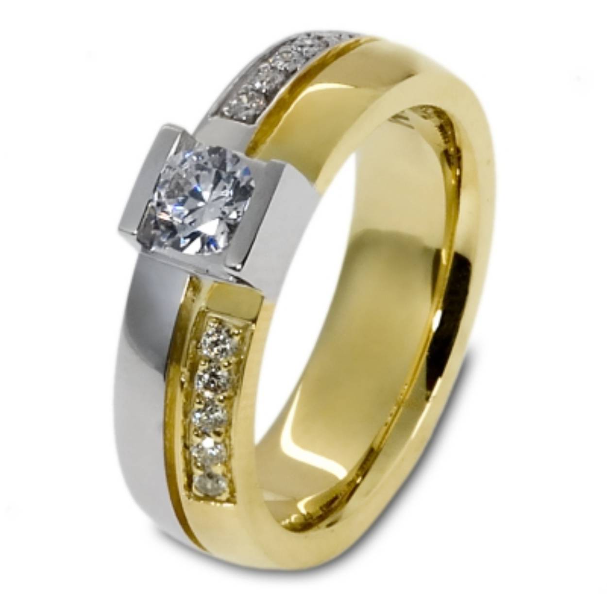 14 bicolor G/W trouwringen mat, 6mm breed, de damesring is gezet met totaal 0.50crt Diamant. De grootste steen kan ook in zirkonia