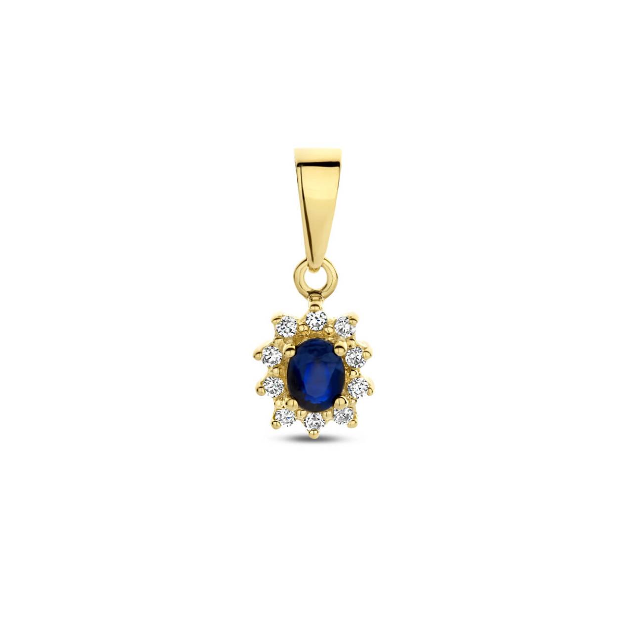 Geelgouden hanger met saffier en diamanten halo.