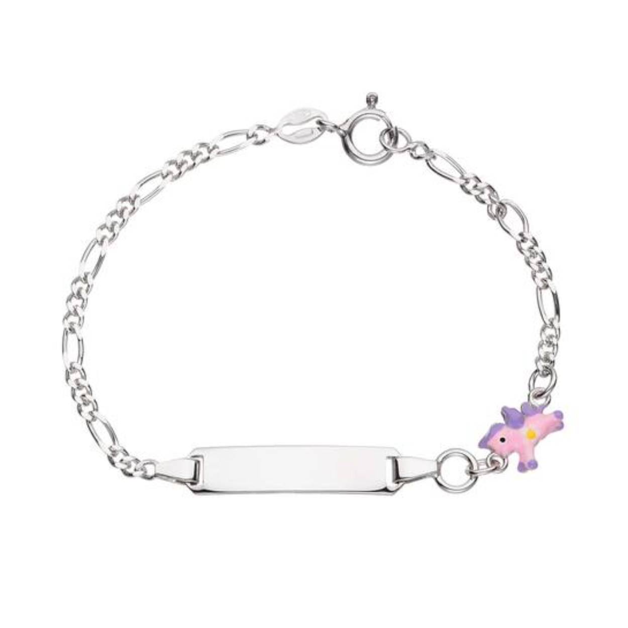 Zilveren graveer armbandje met roze unicorn. Lengte 12 + 2 cm. 
