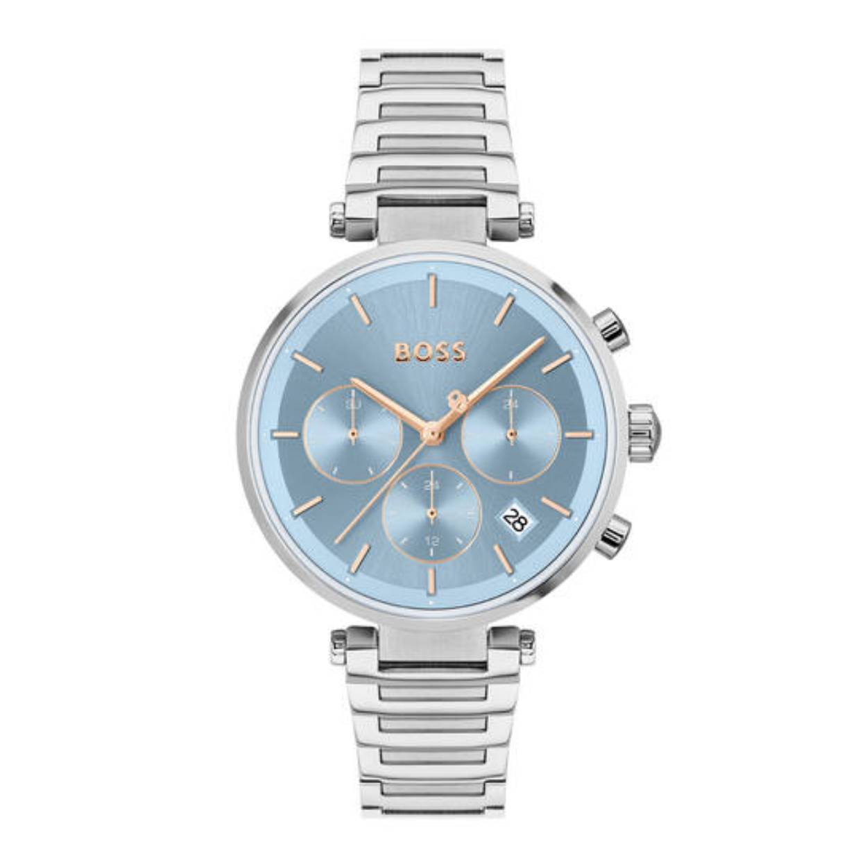 Stalen Horloge van BOSS by Hugo Boss, met een lichtblauwe wijzerplaat en rosé gedoubleerde elementen.