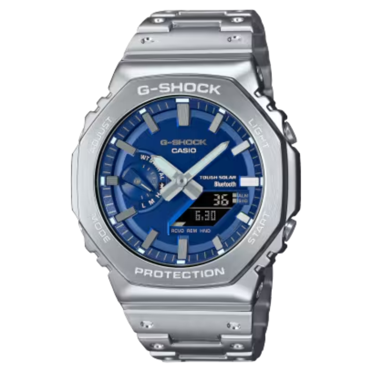 Voeg een vleugje kleur toe aan je klassieke stijl: deze volledig metalen G-SHOCK heeft een levendig blauwe wijzerplaat.

De wijzerplaat is afgewerkt met een metallic blauwe dampafzetting, wat een vleugje originaliteit toevoegt aan het iconische roestvrijstalen rand- en bandontwerp.

Tussen de rand en de kast zitten bufferende onderdelen van fijn hars. Deze hebben een drieledige structuur om schokken over de verbindingspennetjes van de band te verspreiden. Dit volledig metalen G-SHOCK-horloge is daardoor zeer schokbestendig. En aan de achterkant van de kast zit een schroefvergrendeling die zorgt voor een goede afdichting.

De metalen bandstukken hebben kuiltjes om de look van het ontwerp van het harsbandje van de allereerste G-SHOCK te reproduceren. De roestvrijstalen rand is zorgvuldig gesmeed, gesneden en gepolijst voor een prachtige diepte en grootte. De bovenkant van de rand is geborsteld afgewerkt en de afgeschuinde randen hebben een gespiegelde afwerking, waardoor dit chic metalen horloge echt overal schittert.