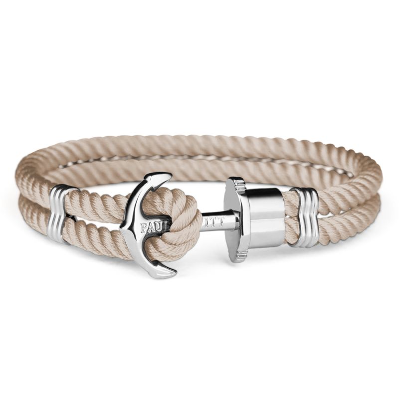 Licht beige touw armband van Paul Hewitt met een stalen anker sluiting. 16-17 cm