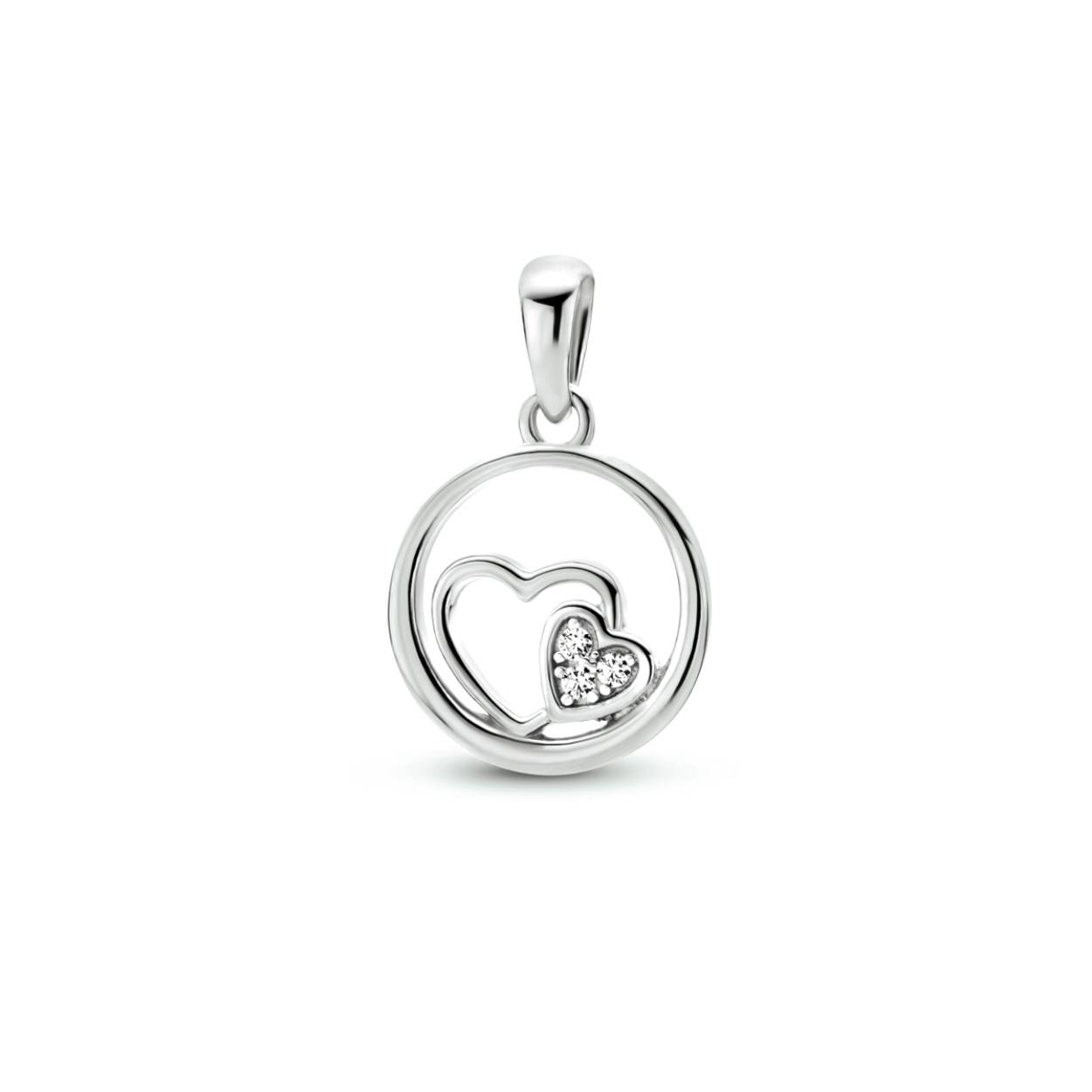 Gerhodineerd 925 zilveren hanger uitgevoerd met twee hartjes en een schitterend zirkonia vlak. De hanger heeft een totale hoogte van 1.8cm en een diameter van 12mm.