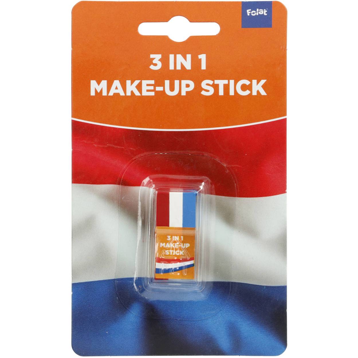Schmink Stick Rood-Wit-Blauw. Inhoud: 1 schmink stick. Kleur: Meerkleurig. Bijvoorbeeld te gebruiken tijdens de volgende feestgelegenheid/feestgelegenheden: Koningsdag, Voetbal. Een verpakking bevat 3,9 gram schmink. De hoofdbestanddelen van dit artikel zijn water, olie en siliconen.