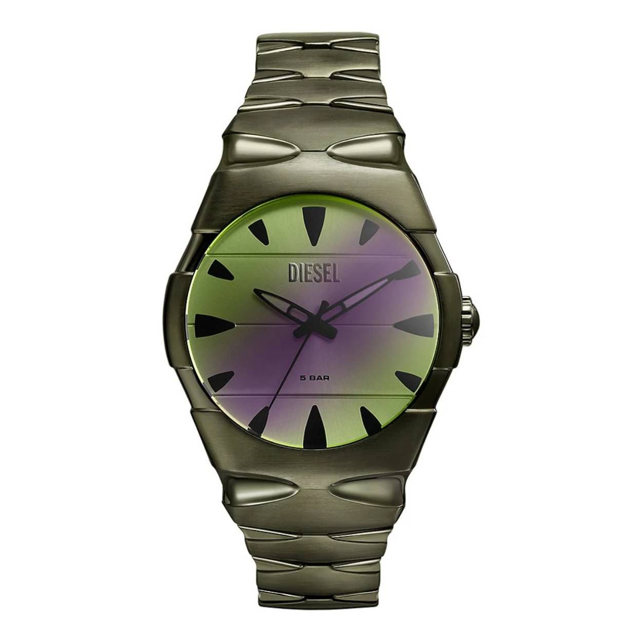 Dit Diesel D-Sruptor horloge van 42mm heeft een zilverkleurige sunray-wijzerplaat, uurwerk met drie wijzers, en een groene roestvrijstalen armband.